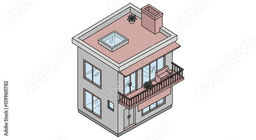 isometric view of a modern multi-story house with balcony and rooftop window