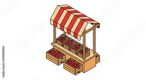 market stall with wooden crates of fresh berries at outdoor fair