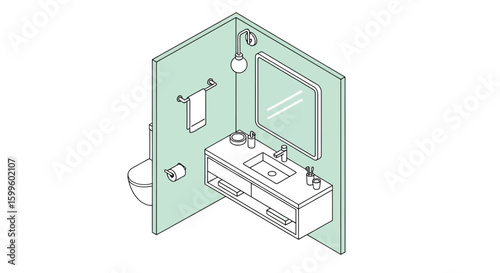 modern bathroom with sink and mirror in isometric view