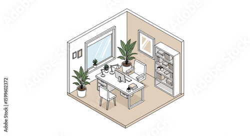 modern home office with desk and plants in isometric view