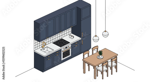 modern kitchen with cabinets stove and dining table scene