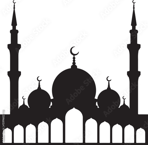 Islamic mosque silhouette with domes and minarets architecture