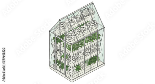 Stylish greenhouse with plants in multiple tiers for gardening or horticulture