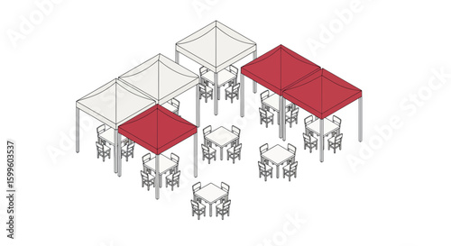 Three tents with seating areas shown from an isometric perspective