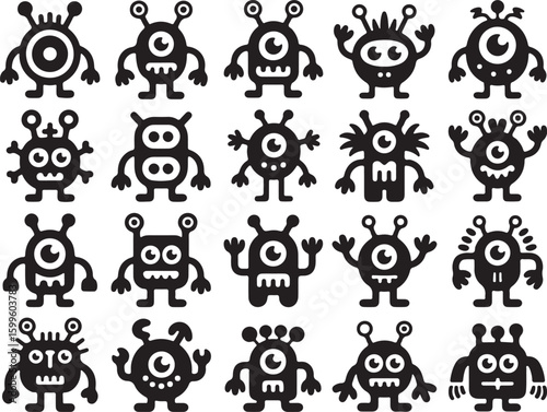 Various black alien creature silhouettes with big eyes and multiple limbs white