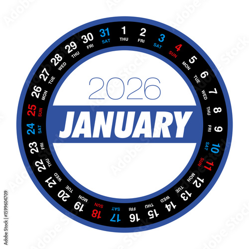 2026年1月の円形カレンダー 日本の祝日表記はありません