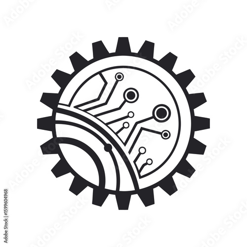 A black and white logo of a circuit board inside a gear. A vector icon symbolizing technology, engineering, and industry. Isolated illustration.
