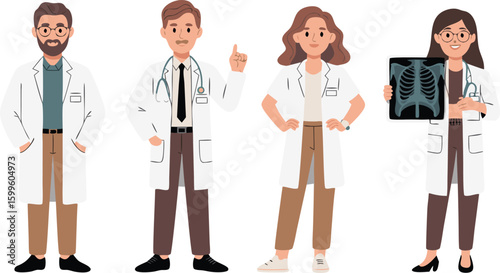 Diverse Team of Doctors Two Men and Two Women Wearing Lab Coats and Stethoscopes