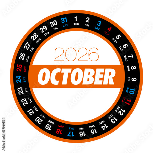 2026年10月の円形カレンダー 日本の祝日表記はありません