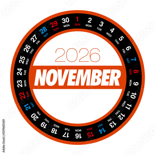 2026年11月の円形カレンダー 日本の祝日表記はありません