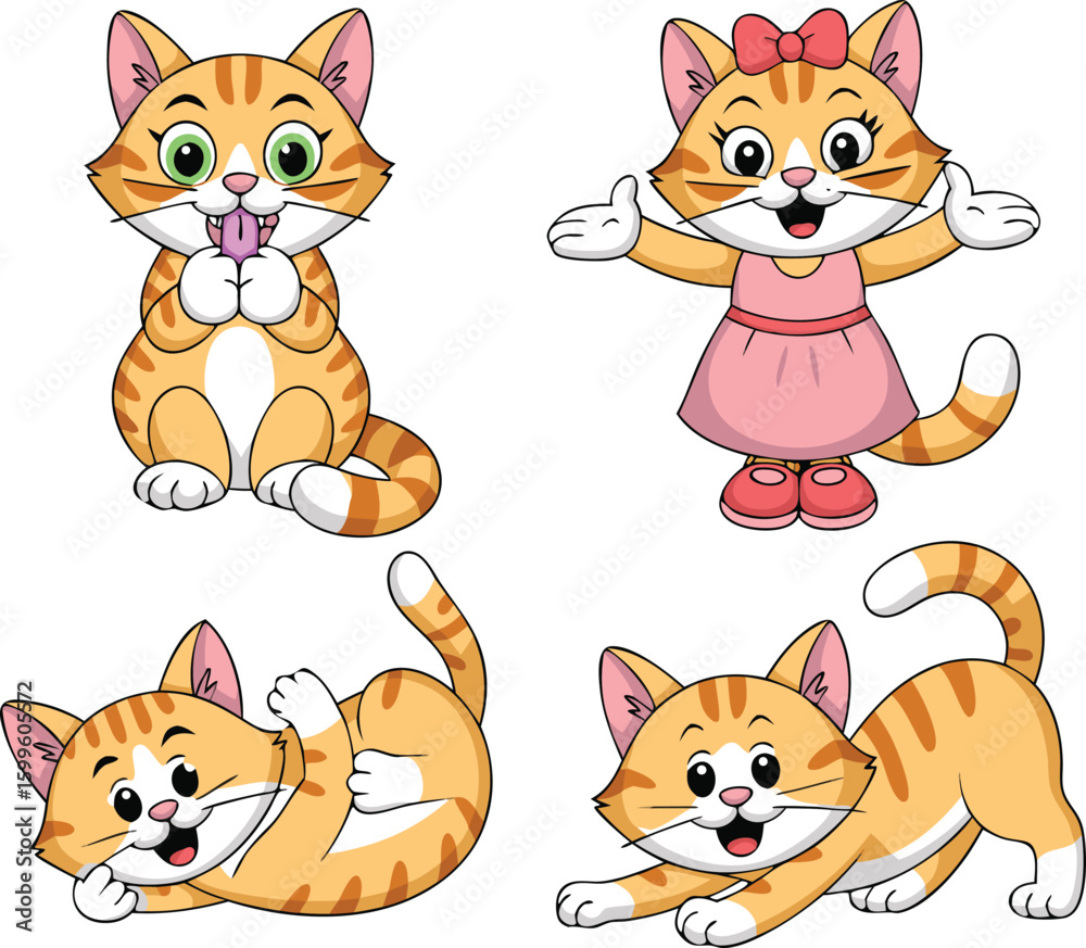 Fototapeta premium Four Cartoon Orange Tabby Cats in Different Poses Licking, Welcoming, Rolling, Stretching