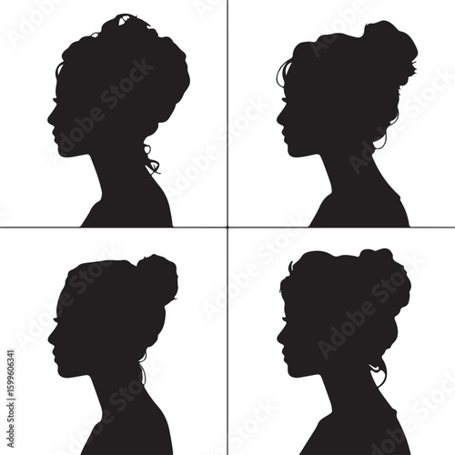 Four black silhouette profiles of women with elaborate hairstyles vector