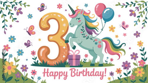 Happy 3rd Birthday with Unicorn, Number Three, Balloons, Gift, Flowers, and Butterflies Illustration