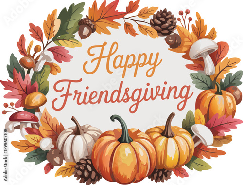 Happy Friendsgiving Celebration Festive Autumn Wreath with Pumpkins, Mushrooms, Leaves, and Acorns Illustration