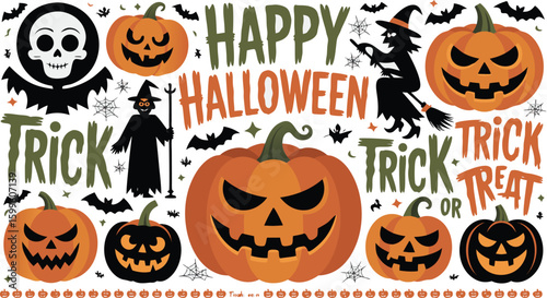 Happy Halloween with Pumpkins, Witch, Bats, Skull, and Trick or Treat Greetings