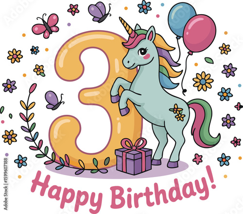 Happy Third Birthday Cartoon Illustration Unicorn, Balloons, Gift Box, Butterflies, Flowers, and Number Three