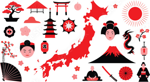 Japan Culture Illustration Mount Fuji, Geisha, Dragon, Map, Lantern, Shrine, Sun, and Cherry Blossom