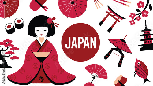 Japan Illustration Geisha, Umbrellas, Torii Gate, Cherry Blossoms, Sushi and Other Japanese Elements