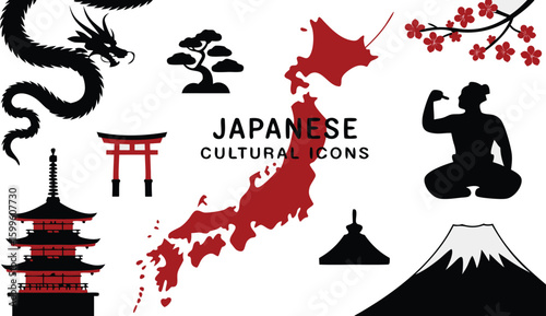 Japanese Cultural Icons Dragon, Temple, Map of Japan, Cherry Blossoms, Sumo Wrestler, and Mount Fuji
