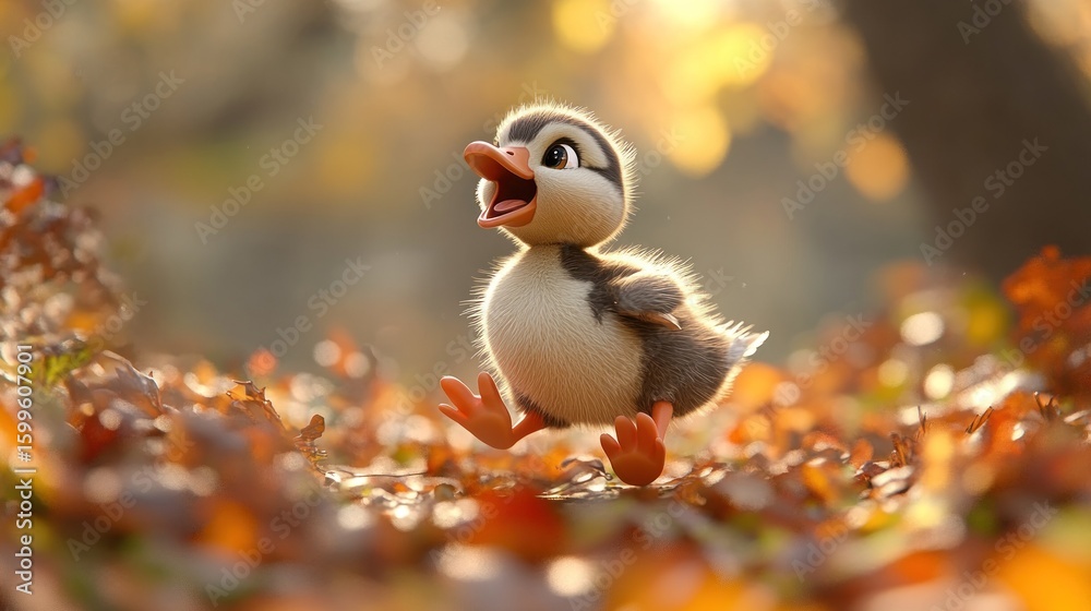 Adorable baby duckling in autumn leaves Adorable baby duckling in autumn leaves