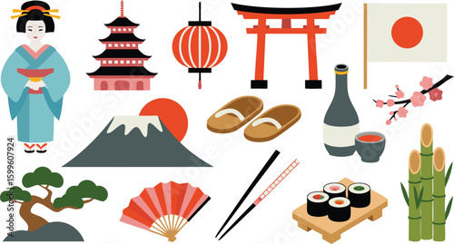 Japanese Culture Icons Geisha, Pagoda, Torii Gate, Mount Fuji, Sushi, Sake, and More