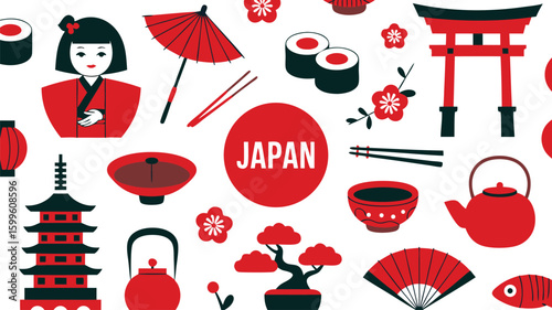 Red and Black Illustration Featuring Japanese Cultural Symbols, Sushi, Bonsai, Teapots, Parasols, and Architecture