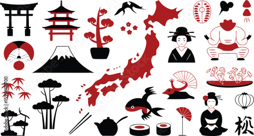 Red and Black Japan Iconography Mount Fuji, Geisha, Sushi, Sumo Wrestler, and More