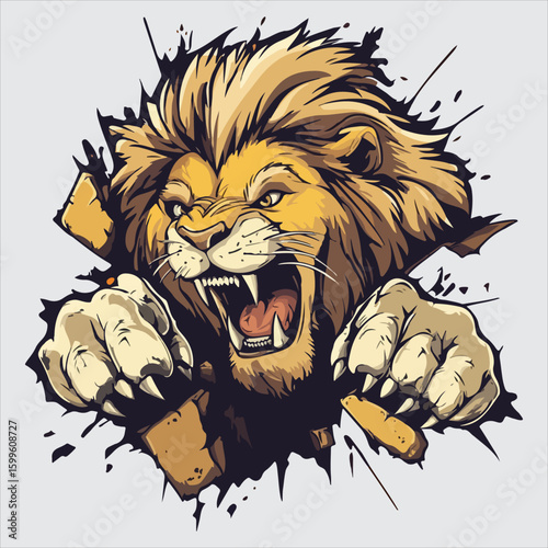 Vector roaring lion breaking through a wall
