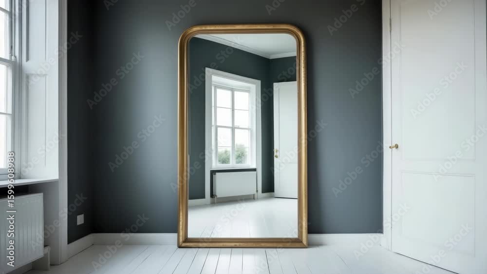 Large gold mirror reflects bright window light in gray and white room interior. Large gold mirror reflects bright window light in gray and white room interior.