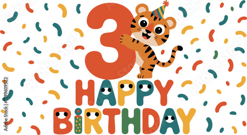 Third Birthday Illustration Featuring a Cartoon Tiger with Party Hat, Confetti, and Happy Birthday Text