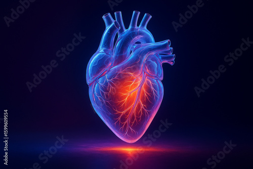 AI generated digital heart in translucent glowing style blending anatomy and futuristic biovisualization in vibrant red blue and purple tones