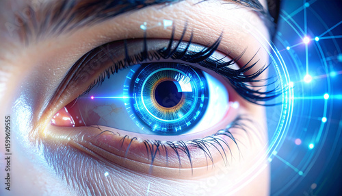 Cyber Vision: The image depicts a futuristic close-up of an eye, enhanced with digital overlay, creating a mesmerizing blend of biology and technology.
