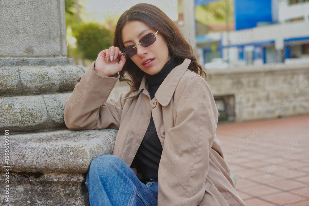 Obraz premium Fashion model posing with sunglasses and trench coat in urban setting