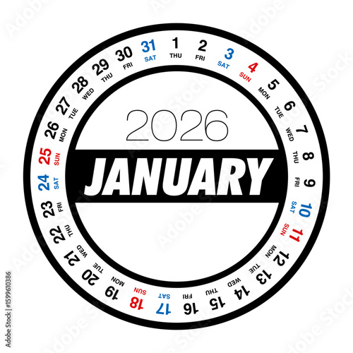 2026年1月の円形カレンダー 日本の祝日表記はありません