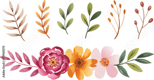 Watercolor Floral Arrangement Featuring Pink, Orange, and White Flowers with Green and Brown Leaves