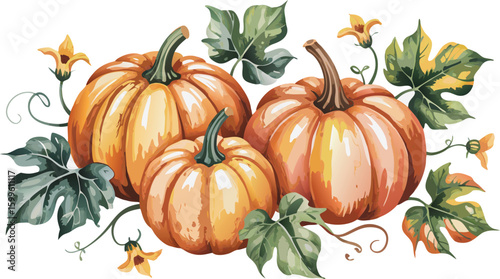 Watercolor Pumpkins with Leaves and Blossoms Autumn Harvest Art for Cards and Decorations