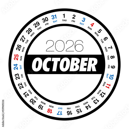 2026年10月の円形カレンダー 日本の祝日表記はありません