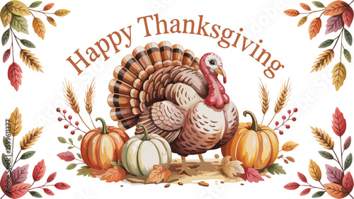 Watercolor Turkey with Pumpkins and Autumn Leaves for Thanksgiving Card Design Celebration