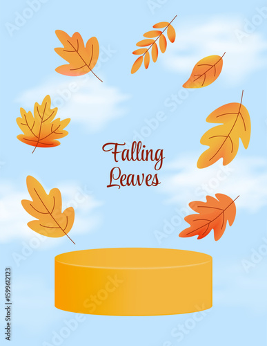 Autumn vertical poster with yellow podium and flying foliage. Falling leaves greeting card. Vector illustration on blue sky background