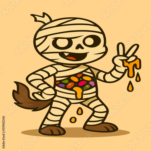 Mummy striking a sassy pose with hip out, unraveling to reveal a belly full of jellybeans, in a funky cartoon vector style
