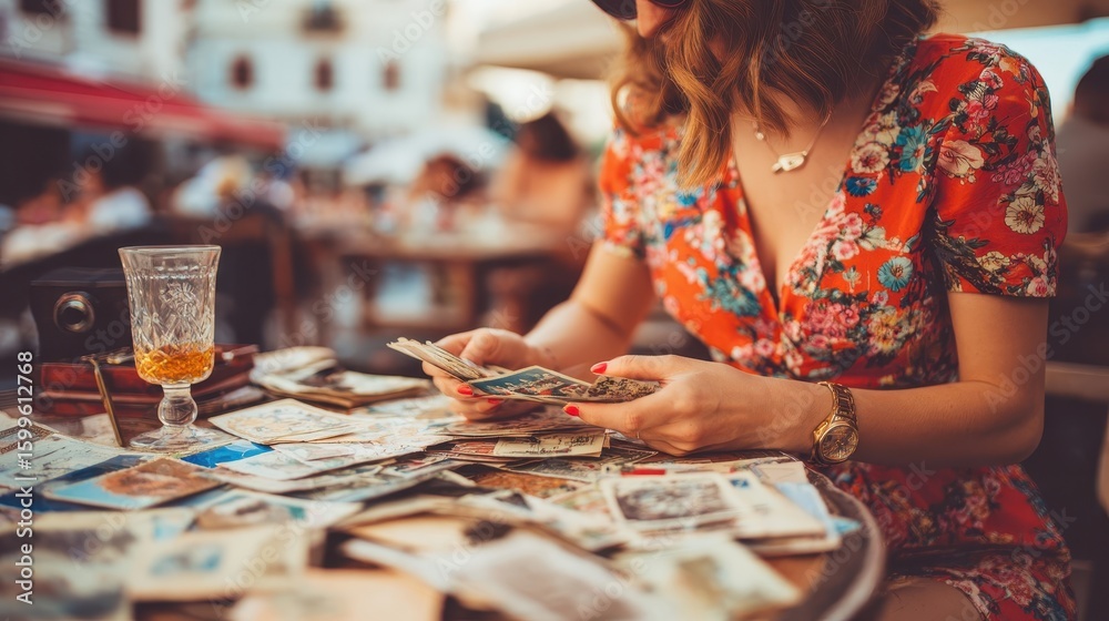 Fototapeta premium Woman browsing through vintage postcards at an outdoor cafe.