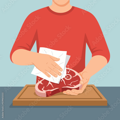 Person Prepping Fresh Red Meat with White Paper Towel on Wooden Board