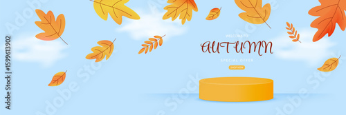 Wide banner for fall promotions with golden leaves and podium. Great for seasonal sales and special offers. Vector illustration on blue sky background
