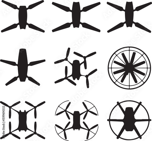Drone silhouettes aerial views quadcopter flying