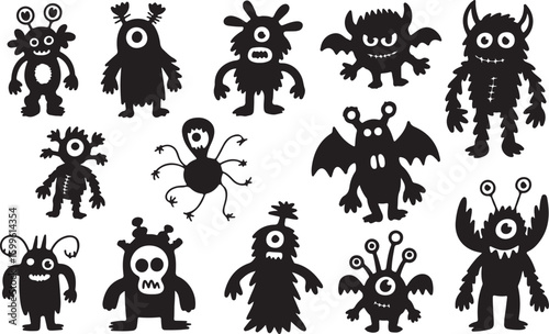 Diverse collection of whimsical monster silhouettes creature cartoon