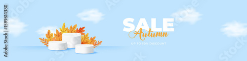 Autumn themed sale banner with realistic podiums and orange, yellow and red leaves. Clean vector design for seasonal discounts. Vector illustration on blue sky background