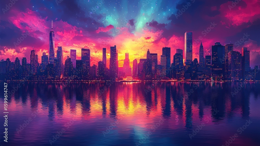 Fototapeta premium Vibrant Cityscape at Sunset: A Digital Masterpiece