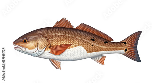 Red Drum Fish Illustration: Spotted Tail Bass Wildlife Iconography