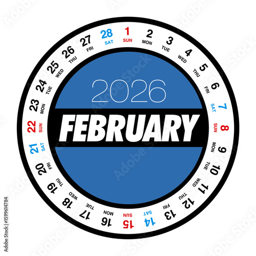 2026年2月の円形カレンダー 日本の祝日表記はありません