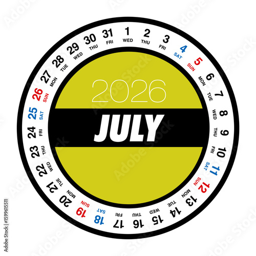 2026年7月の円形カレンダー 日本の祝日表記はありません